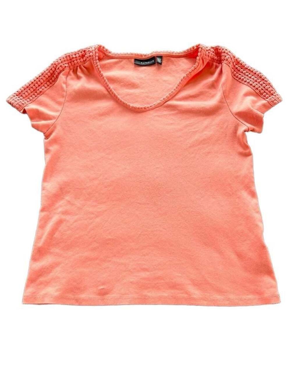 Rafaella Coral Pink Short Sleeve Tee With Pom-Pom Trim Neckline And Sleeves Medi
